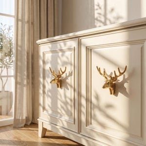 Deer Drawer Knob, Brass Cabinet Pull, Gold Stag Dresser Handle, Antler Wardrobe Hardware, Woodland Nursery Decor, French Country Knob