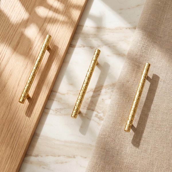 Hammered Brass Cabinet Pulls, Solid Brass Drawer Handles, Long Bar Pulls, Modern Gold Furniture Hardware