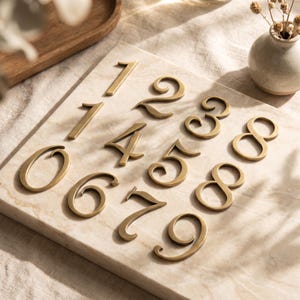 May include: A collection of ten individual brass-colored metal house numbers ranging from zero to nine, featuring a classic serif typeface with a smooth, polished finish, arranged in a grid pattern on a light-colored, textured stone surface.