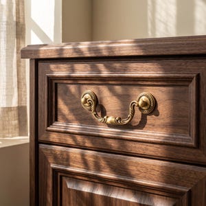 Op de afbeelding: Een donkerbruine houten lade met een decoratieve messing handgreep met een gebogen, sierlijk ontwerp. Het ladefront heeft een verzonken paneelrand en een gladde, gepolijste houtnerfafwerking, verlicht door natuurlijk licht met schaduwen.
