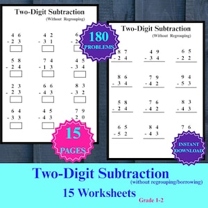 May include: Two educational worksheets featuring two-digit subtraction problems without regrouping. The pages include the text Two-Digit Subtraction, 180 PROBLEMS, 15 PAGES, and INSTANT DOWNLOAD. The math problems are presented in black text on white paper.