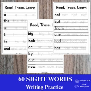 May include: Three white educational worksheets titled Read, Trace, Learn featuring rows of sight words in black text. Each word is presented once in bold followed by three instances in a dotted font for tracing practice. The words include a, the, is, I, to, and, big, look, or, by, our, now, not, but, from, one, had, and has.
