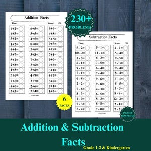 Op de afbeelding: Twee witte educatieve werkbladen met zwarte tekst en wiskundige sommen. Eén blad is getiteld Addition Facts en de andere Subtraction Facts. Elke pagina bevat kolommen met vergelijkingen met lege cirkels voor de antwoorden en 6 pagina's.