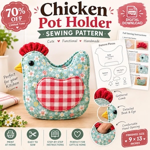 May include: A chicken-shaped pot holder sewing pattern featuring a light blue fabric with a floral print, a red and white gingham wing, a red comb, and a yellow beak. The digital download includes instructions, pattern pieces, and a 9x13 inch finished size.