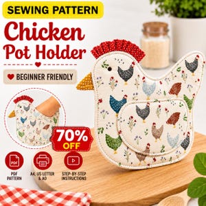 Chicken Pot Holder Sewing Pattern PDF | Farmhouse Chicken Hot Pad Pattern | Quilted Pot Holder Tutorial | Instant Download | Beginner Sewing