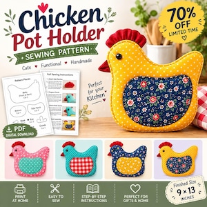 Chicken Pot Holder Sewing Pattern PDF | Farmhouse Chicken Hot Pad Pattern | Quilted Pot Holder Tutorial | Instant Download | Beginner Sewing