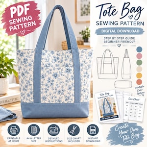 May include: A tote bag sewing pattern digital download featuring a cream-coloured bag with a blue floral print and solid blue base and handles. The image includes text, a size chart, and line drawings of the bag with multiple colour options.