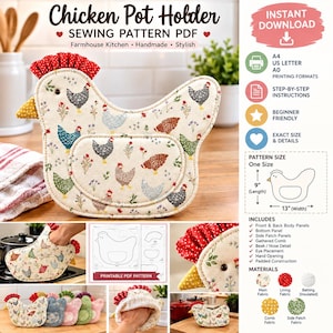 Puede incluir: Un patrón de costura en PDF para un agarrador de ollas con forma de gallina, hecho de tela color crema con un estampado multicolor de gallinas y flores, una cresta roja de lunares y un pico amarillo. Incluye instrucciones para un tamaño de 23 por 33 cm.