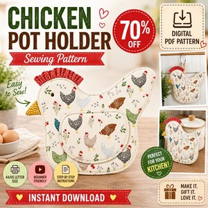 Chicken Pot Holder Sewing Pattern PDF | Farmhouse Chicken Hot Pad Pattern | Quilted Pot Holder Tutorial | Instant Download | Beginner Sewing