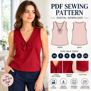 Puede incluir: Un patrón de costura en PDF para una blusa sin mangas con cuello en V y detalle de lazo. La descarga digital incluye bocetos técnicos del frente y la espalda, tallas de XS a 2XL, y vistas detalladas del cuello, sisas y el dobladillo.