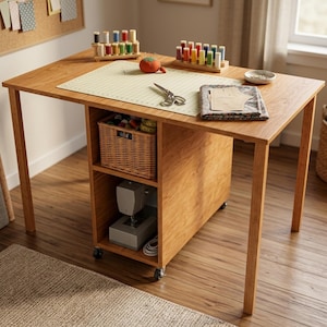 May include: A light brown wooden sewing table with a drop-leaf top, featuring a central storage unit with a woven basket and a sewing machine. The table surface holds a cutting mat, scissors, a red pincushion, thread spools, and fabric.