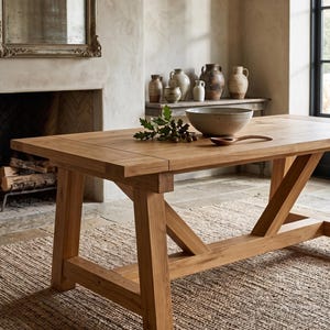May include: A rectangular light brown wooden dining table with a thick plank top and sturdy trestle legs. A large ceramic bowl, a wooden serving spoon, and a small green leafy branch are placed on the surface of the table.