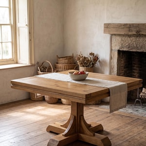 May include: A square wooden dining table with a thick top and a sturdy pedestal base featuring four support legs. A light beige fabric table runner is draped across the center, topped with a ceramic bowl containing a few small red fruits.