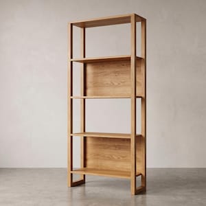 May include: A tall, open-frame bookcase constructed from light-toned wood with a visible grain pattern. The unit features four horizontal shelves supported by vertical side posts, with solid back panels positioned behind the second and fourth shelves.