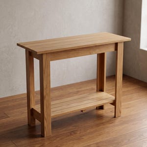 May include: A rectangular wooden console table featuring a slatted top surface and a lower slatted shelf. The furniture piece is constructed with four straight vertical legs and horizontal support beams, showcasing a natural light brown wood grain.