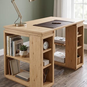 May include: A light wood desk featuring a rectangular top with a dark brown leather desk pad and a metal lamp. The desk includes integrated side shelving units on both ends, filled with books, a small potted succulent, a clock, and scissors.