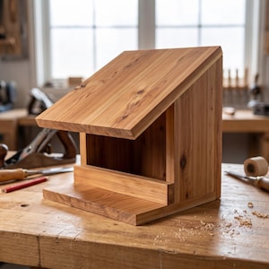 May include: A natural light brown wooden birdhouse with a slanted roof and an open front design. The structure features visible wood grain patterns and knots, constructed with flat panels and a small ledge at the base for an entry point.