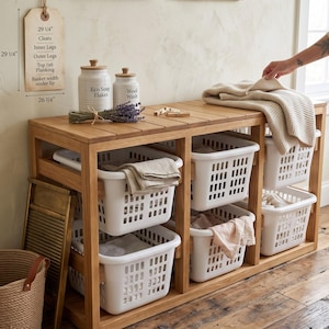 May include: A wooden laundry sorter featuring a slatted top and five white plastic baskets. The unit includes a hanging tag with dimensions: 29 1/4 inches for cleats, inner legs, outer legs, and top 1x6 planking, with a 26 1/4 inch basket width.