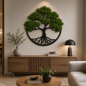 Reindeer Moss Tree of Life Wall Art, Preserved Moss Painting, Framed Moss Decor, Boho Housewarming Gift, Handmade Greenery Woodland Art