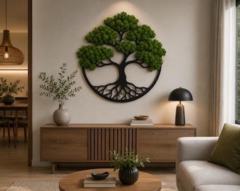 May include: A circular wall art piece featuring a black metal frame shaped like a tree with exposed roots, filled with vibrant green preserved moss foliage. The tree design is symmetrical, with a thick trunk and branches extending into the moss.