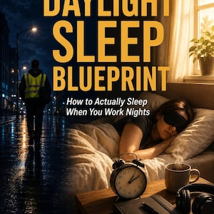 May include: A book cover titled The Daylight Sleep Blueprint: How to Actually Sleep When You Work Nights by Deyan Peters. The image shows a person sleeping in bed with an eye mask, an alarm clock, a mug, and a notebook, contrasted with a night street scene.