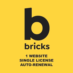 Könnte beinhalten: Eine gelbe quadratische Grafik mit einem großen schwarzen Kleinbuchstaben b, dem Wort bricks in schwarzen Kleinbuchstaben und dem Text 1 WEBSITE SINGLE LICENSE AUTO-RENEWAL in schwarzen Großbuchstaben unter dem Logo.
