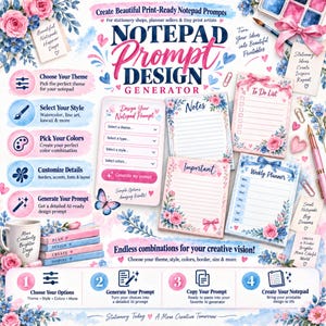 May include: A digital graphic for a Notepad Prompt Design Generator featuring floral illustrations, a step-by-step guide, and examples of to-do lists, notes, and weekly planners. The design includes pink and blue watercolour accents and text.
