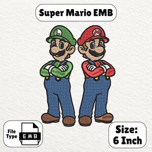 以下が含まれることがあります： 腕を組んで背中合わせに立つマリオとルイージの刺繍デザイン。マリオは赤い帽子とシャツ、ルイージは緑の帽子とシャツを着用し、両者とも青いオーバーオールを着ている。テキストは「Super Mario EMB」「File Type EMB」「Size: 6 Inch」と記載されている。