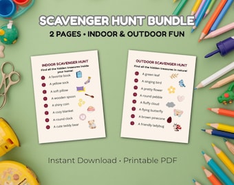 Kids Scavenger Hunt Printable Bundle Outdoor Nature Walk Indoor Rainy Day Activity Preschool Toddler Treasure Hunt Boho Summer Games PDF
