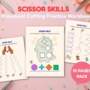 Scissor Skills Activity Book Preschool Cutting Practice Worksheets Cute Dinosaur Cut and Paste Crafts Kindergarten Fine Motor 10 Pages