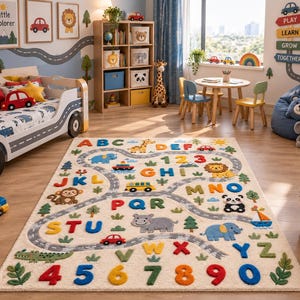 アルファベットと数字のキッズラグ、知育プレイルームエリアカーペット、カラフルな動物柄の子供部屋ラグ、幼児の寝室装飾用ABC学習マット