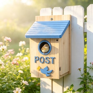 May include: A light-colored wooden birdhouse with a blue roof and a circular entrance hole. The word POST is written in blue letters above a blue bird icon holding a yellow envelope. A small brown bird is perched inside the circular opening.