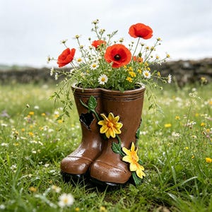 May include: A brown boot-shaped planter featuring raised yellow flower decorations on the side. The planter is filled with a vibrant arrangement of red poppies, white daisies, and small yellow wildflowers, creating a colorful floral display.