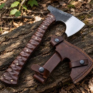 May include: A hand axe with a dark, textured wooden handle featuring brass pins and a polished steel blade. Beside the axe lies a brown leather sheath with matching dark metal snap buttons, designed to cover and protect the axe head securely.