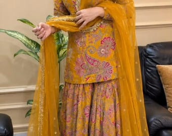 Mustard Sharara Suit Set Indian Pakistani Dress Wedding Guest Outfit Festive Ethnic Sharara Kameez Set Party Wear Haldi Bridesmaid's Suit