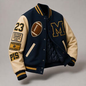 Heren varsity lettermanjack | Marineblauwe en crèmekleurige leren mouwen | Vintage baseball bomberjack | Custom streetwear jas