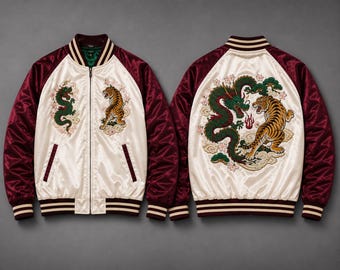 Giacca bomber Sukajan con ricamo drago e tigre, giacca souvenir, giacca varsity in raso, streetwear unisex, regalo