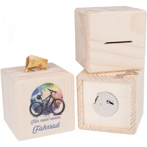Spardose Holz | Geldgeschenk Fahrrad | Sparbox mit Schloss | Geschenk Fahrrad | Sparwürfel Holz | Für mein neues Fahrrad