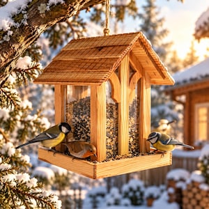 May include: A wooden bird feeder with a shingled roof and clear panels filled with mixed seeds. Three small birds, including a great tit, a robin, and a blue tit, are perched on the base of the feeder, which hangs from a snow-covered tree branch.