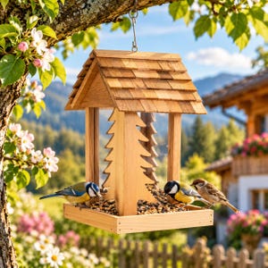 May include: A wooden bird feeder with a shingled roof and a cutout pine tree design on the central support. The feeder has a square base filled with mixed birdseed and is occupied by three small birds, including a blue tit and a house sparrow.