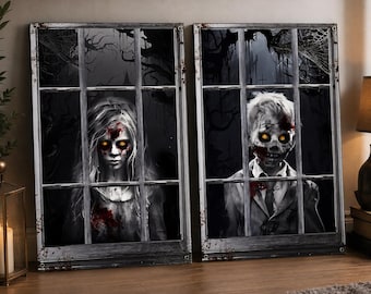 Halloween Ghost Curtains Decorations, 2 Pack, Window Silhouettes, Zombie Room Decor, Haunted House Window Cover, Gothic Halloween Decor,