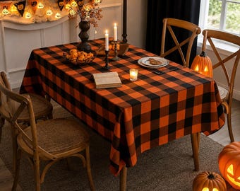 Orange Black Checkered Polyester Halloween Festive Dining Table Decoration  Halloween Tablecloth, Black Orange Buffalo Plaid Table Cover
