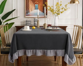 Charcoal Gray Ruffle Tablecloth, Farmhouse Dining Table Cover, Linen Look Tablecloth, Rustic Kitchen Decor, Rectangular Tablecloth