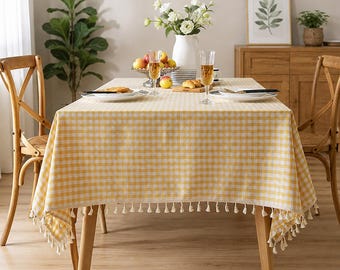 Yellow Gingham Tablecloth, Polyester Dining Table Cover, Checkered Tassel Tablecloth, Farmhouse Kitchen Decor, Rustic Dining Linen,