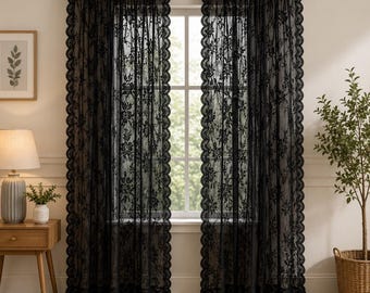 2 Panels  Black Lace Sheer Curtains, Polyester Window Panels, Floral Lace Drapes, Vintage Window Treatment, Gothic Home Decor