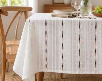 White Cotton Tablecloth, Farmhouse Table Cover, Embroidered Lace Tablecloth, Rustic Dining Table Cloth, Modern Kitchen Decor