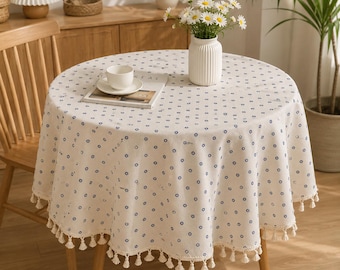 Printing Tassel Tablecloth Stain Resistant Dust-Proof Table Cover for Kitchen Tassel Edge Tablecloth, Farmhouse Dining Decor