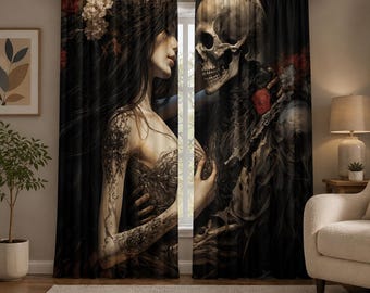 2 panels Gothic Skull and Woman Tattoo Art Blackout Curtains, Gothic Halloween Curtains, Skull Room Decor, Romantic Gothic Home Decor,