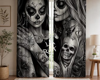 2 panels Halloween Gothic dark pattern printed curtains, window decorations,Day of the Dead Curtains, Dark Fantasy Room Decor,