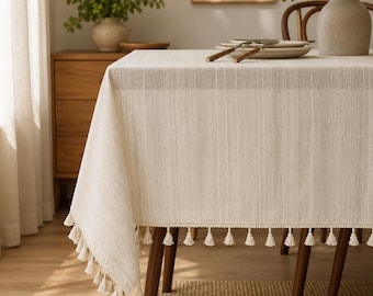 Boho Polyester Tablecloth with Tassels, Farmhouse Dining Table Cover, Beige Lace Tablecloth, Rustic Kitchen Decor, Washable Table Cover